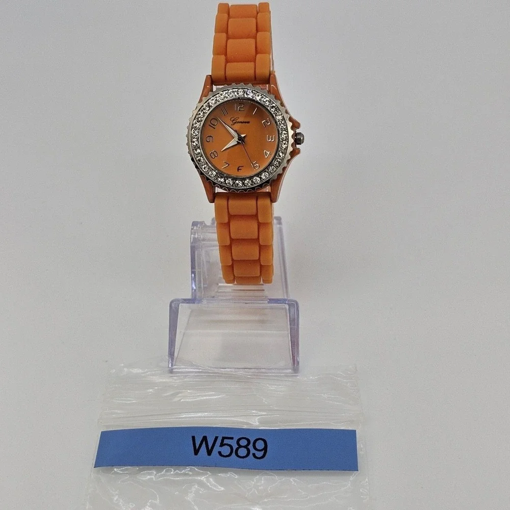 30MM Watch Women Orange Dial Crystal Bezel‎ Orange Plastic Bands New Battery